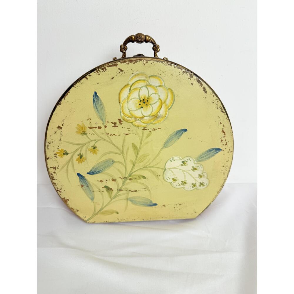 Floral Decorative Vintage Round Metal Handle Box